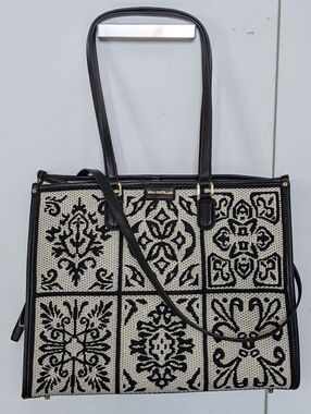 Viola Castellani Crochet Leather Trim Tote/ Shoulder/ Crossbody Bag Cream/Black